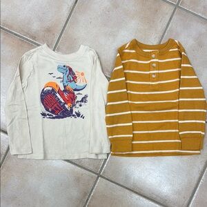 Cream Dinosaur Print Kids Shirt and Yellow and White Stripe Thermal Long Sleeve